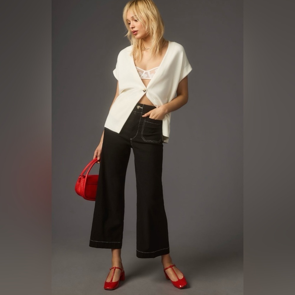 Anthropologie The Colette Contrast-Stitch Cropped Wide-Leg Pants Sz 29 READ NWT - Picture 3 of 16